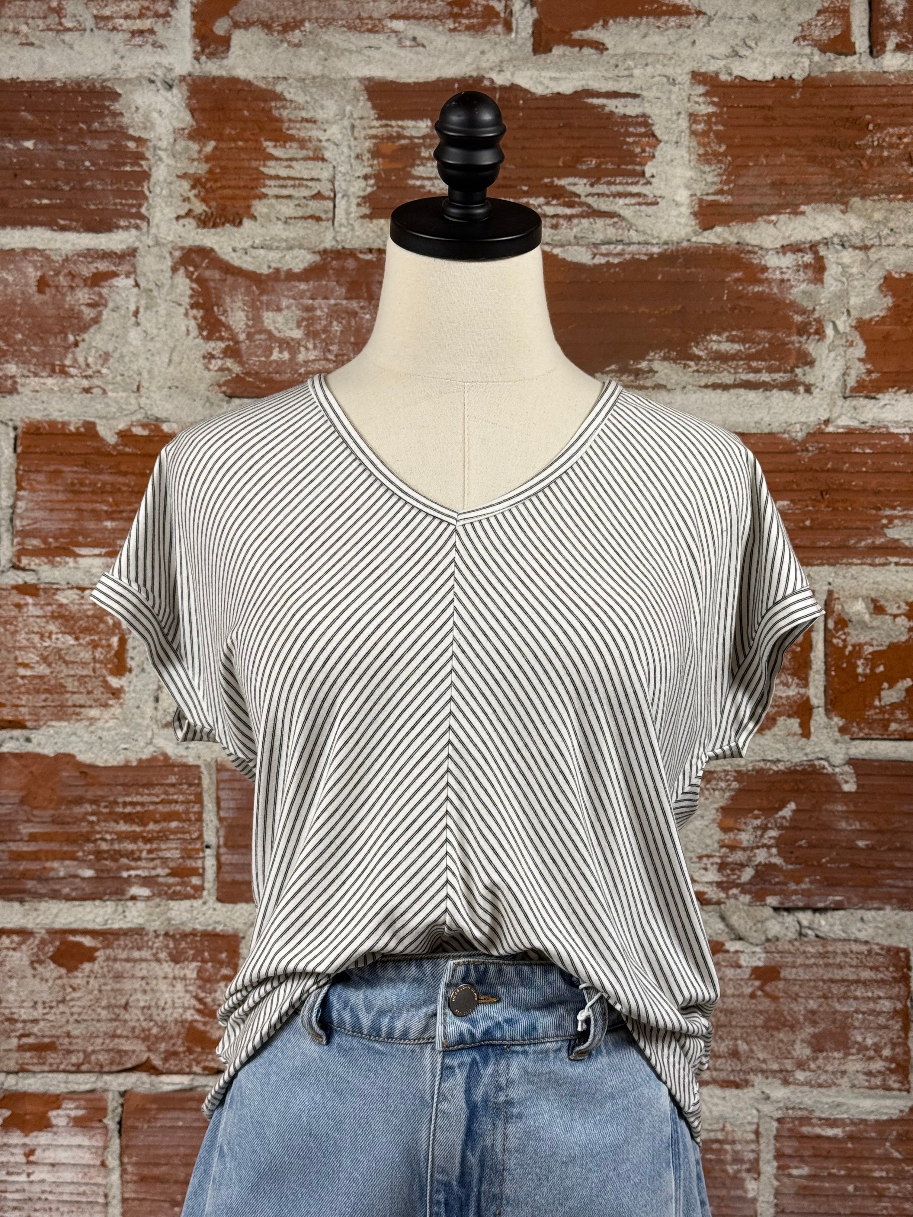 Penny Top in Ivory and Black Stripe-112 - Woven Top S/S (Dec - May)-Little Bird Boutique