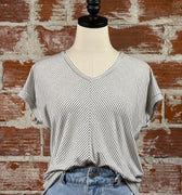 Julia Top in Ivory and Black Stripe-112 - Woven Top S/S (Dec - May)-Little Bird Boutique