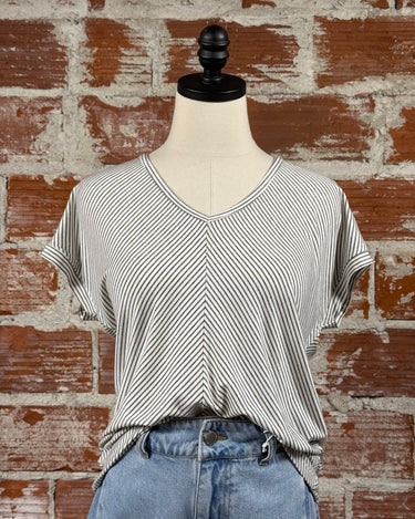 Julia Top in Ivory and Black Stripe-112 - Woven Top S/S (Dec - May)-Little Bird Boutique