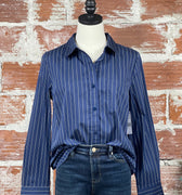 Liverpool Pinstripe Shirt in Navy-111 - Woven Top F/W (June- Nov)-Little Bird Boutique