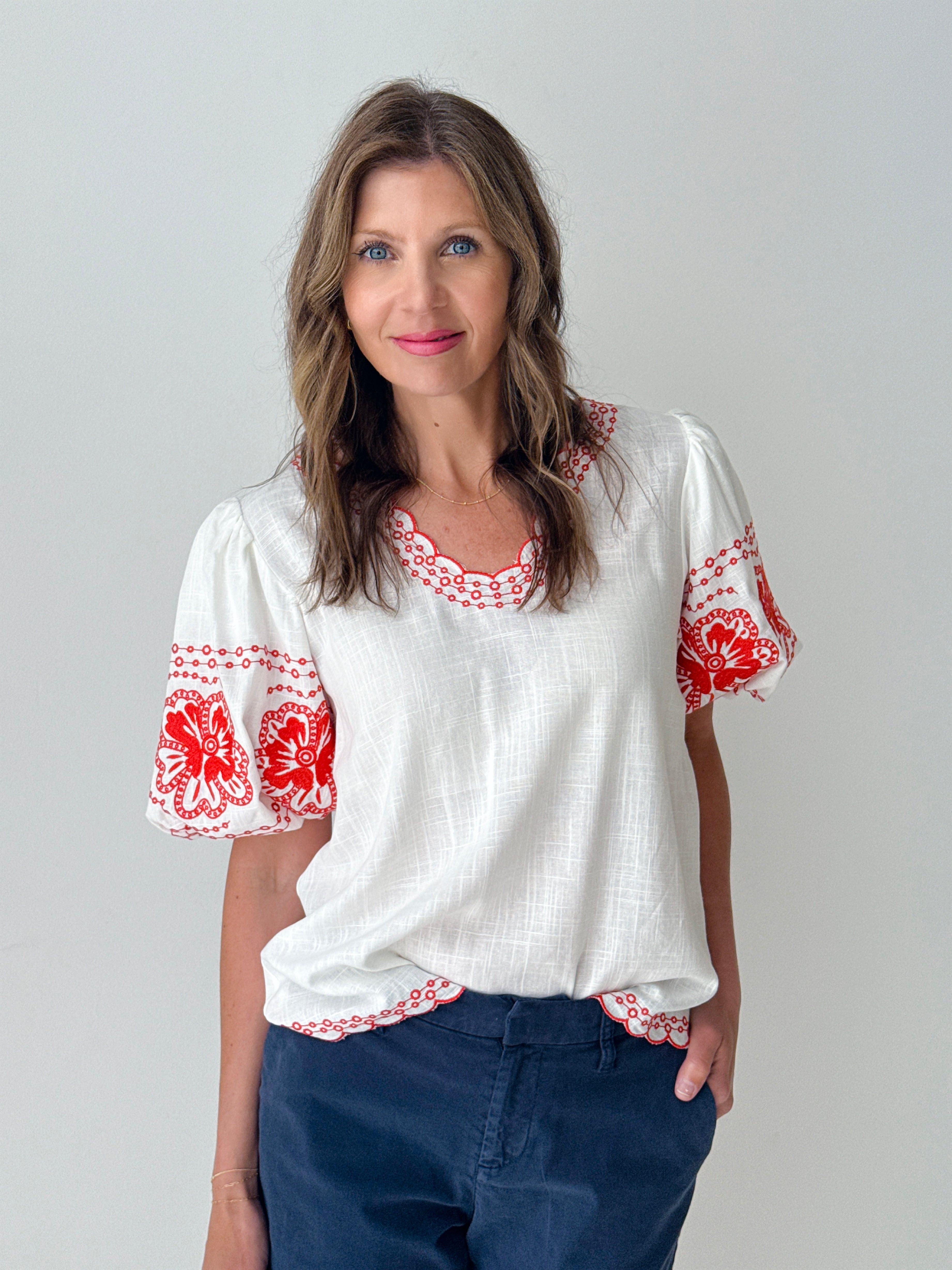 THML Blake Embroidery Top in Red-112 - Woven Top S/S (Dec - May)-Little Bird Boutique