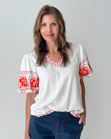 THML Blake Embroidery Top in Red-112 - Woven Top S/S (Dec - May)-Little Bird Boutique