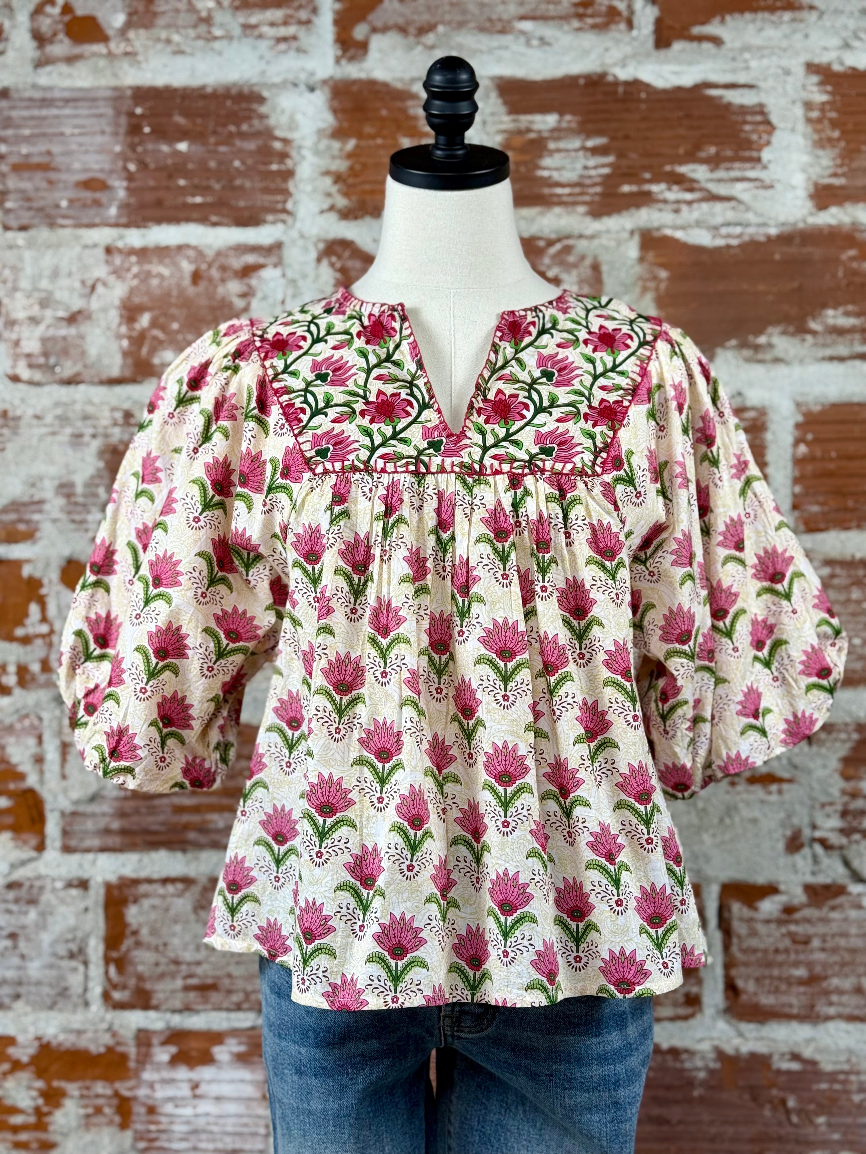 Mary Top in Hot Pink Floral-112 - Woven Top S/S (Dec - May)-Little Bird Boutique