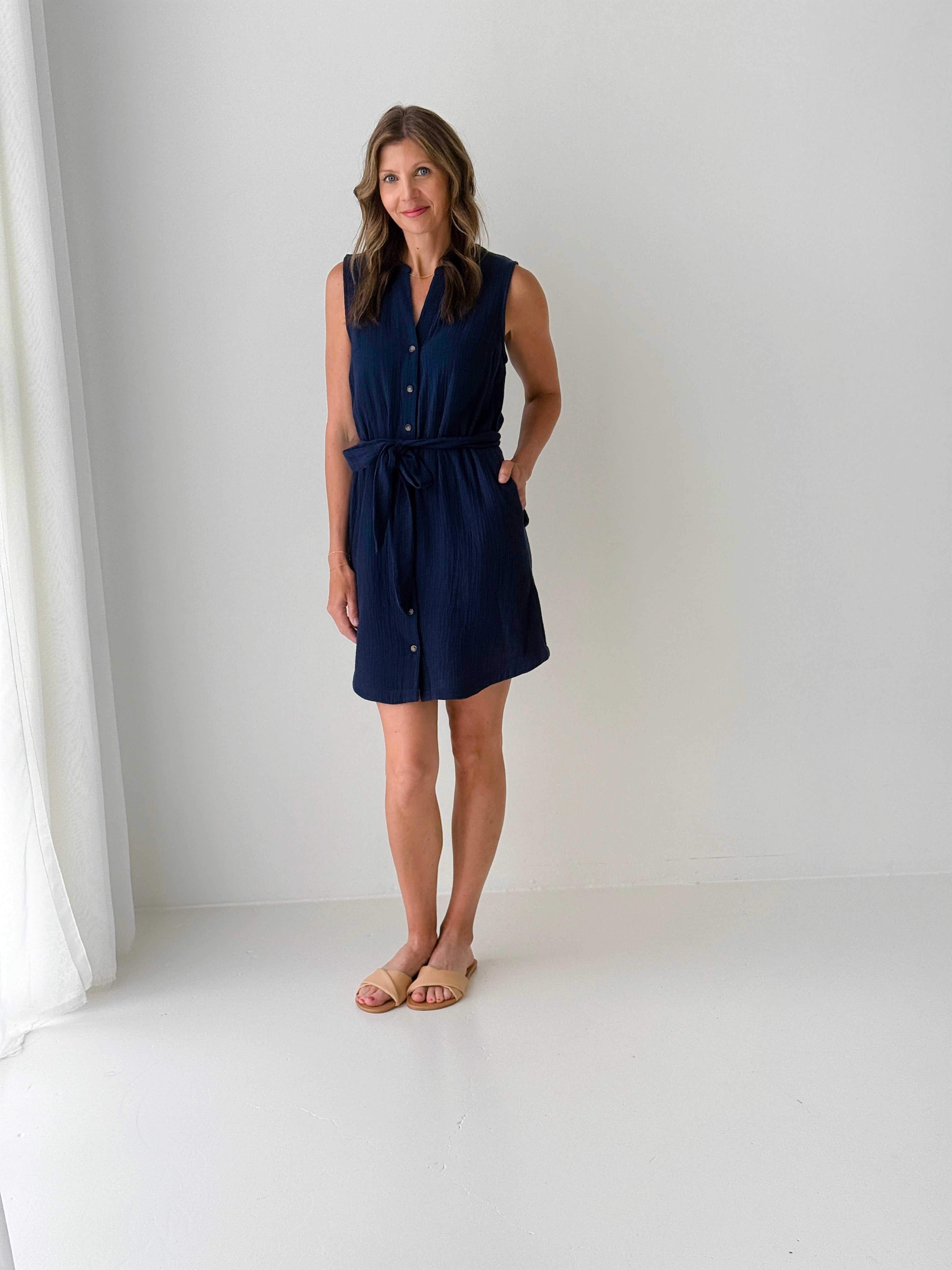 Apricot Tetra Button Down Dress in Navy