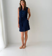 Apricot Tetra Button Down Dress in Navy