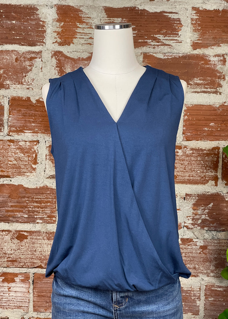 Liverpool Sleeveless Drape Front Top in Blue