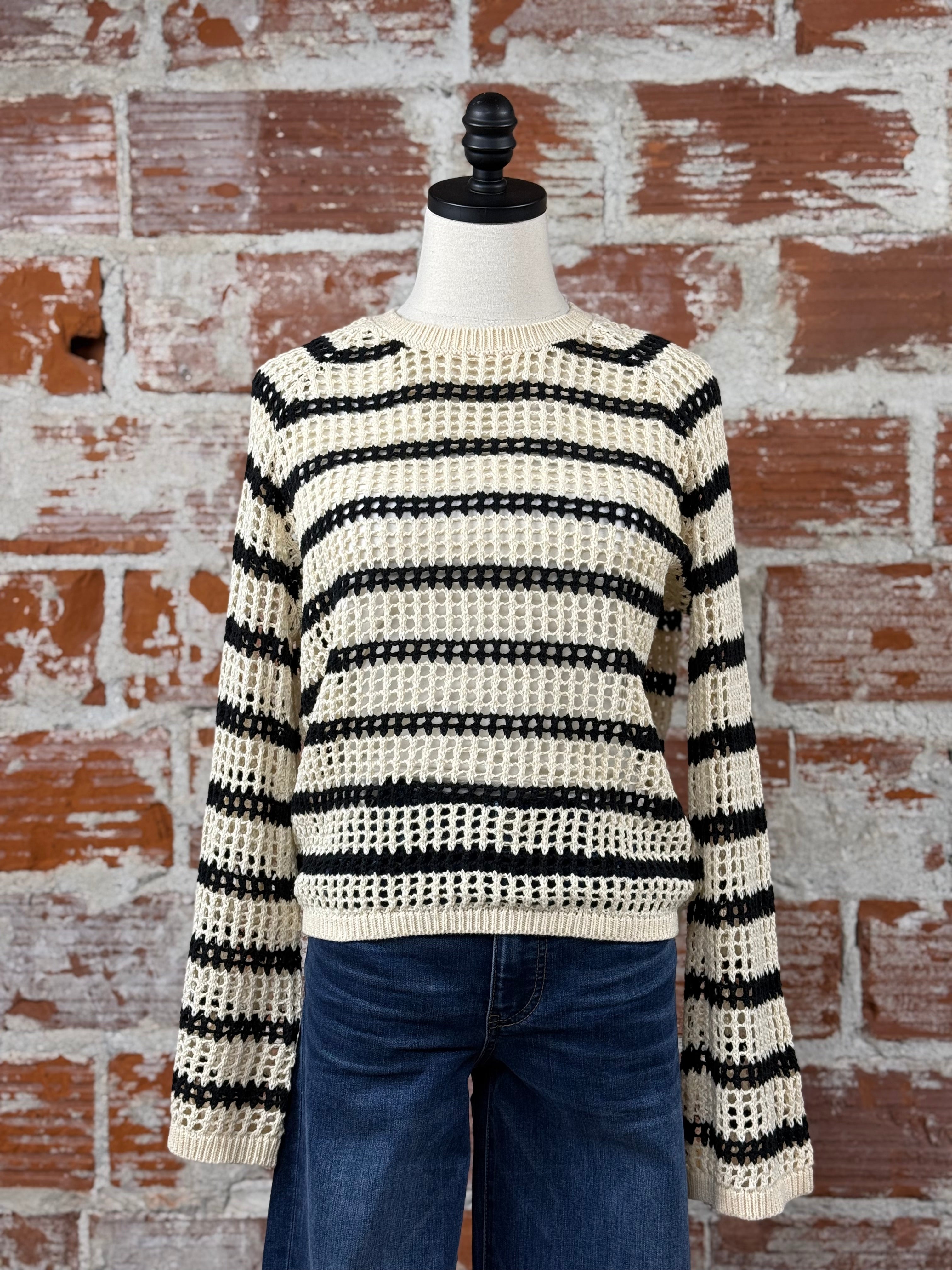 Apricot Mesh Knit Sweater in Stone and Black-132 - Sweaters S/S (Dec - May)-Little Bird Boutique