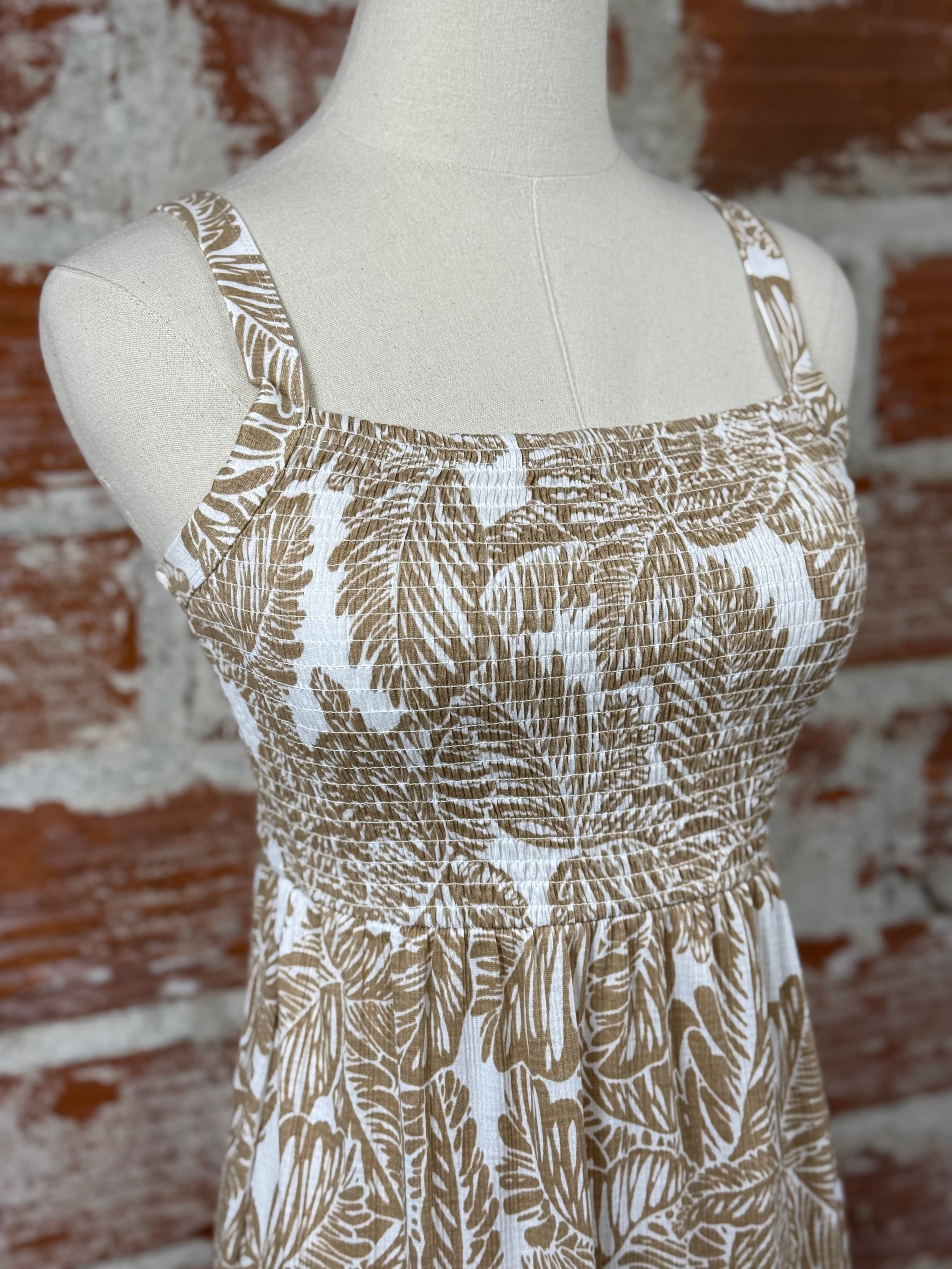 Dex Smocked Dress in Neutral Palm-152 Dresses - Long-Little Bird Boutique