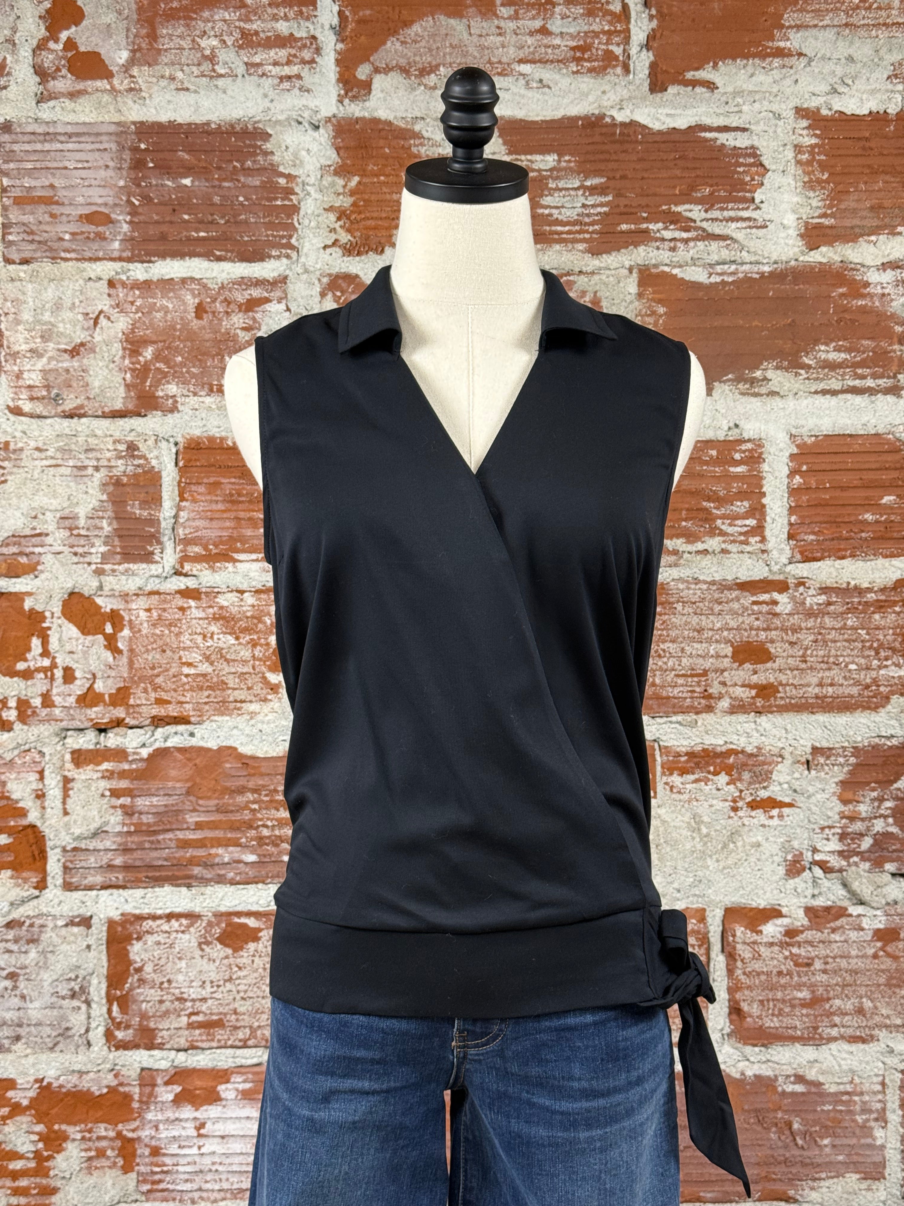 Liverpool Surplice Top with Self Tie in Black-112 - Woven Top S/S (Dec - May)-Little Bird Boutique