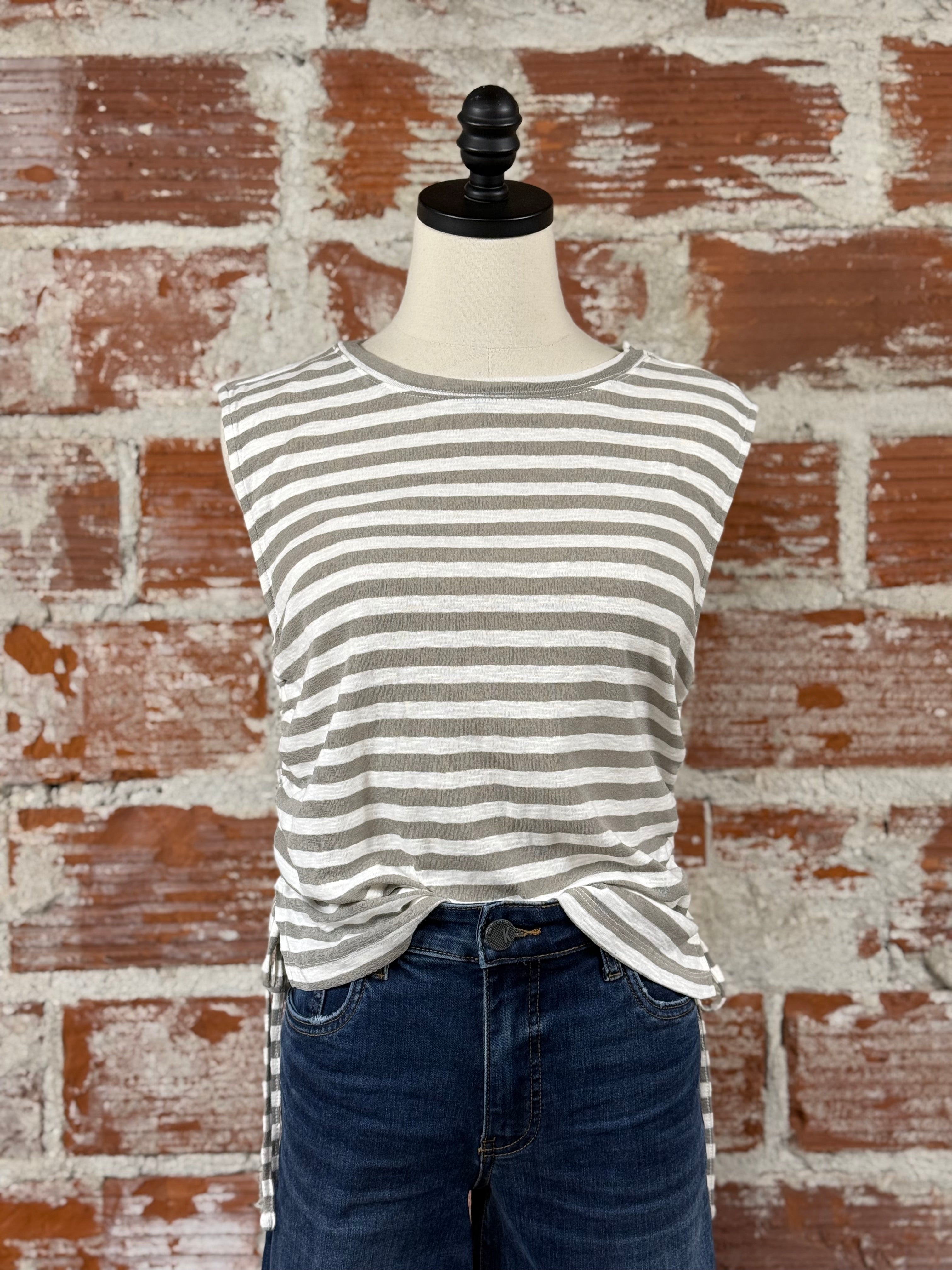 Harper Side Tie Top in Gray and Cream Stripe-122 - Jersey Tops S/S (Dec - May)-Little Bird Boutique
