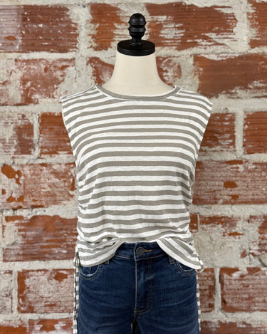 Harper Side Tie Top in Gray and Cream Stripe-122 - Jersey Tops S/S (Dec - May)-Little Bird Boutique