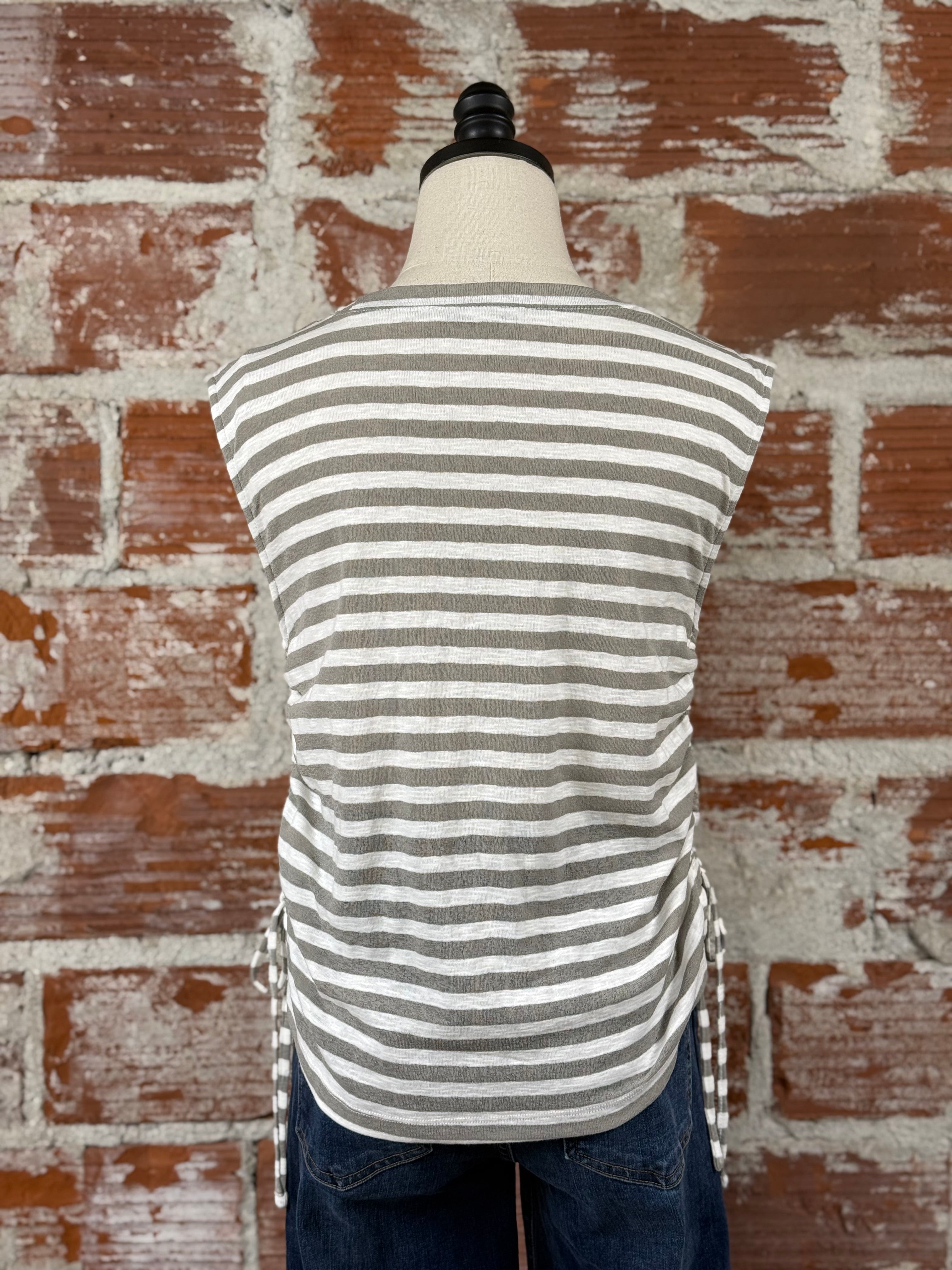 Harper Side Tie Top in Gray and Cream Stripe-122 - Jersey Tops S/S (Dec - May)-Little Bird Boutique