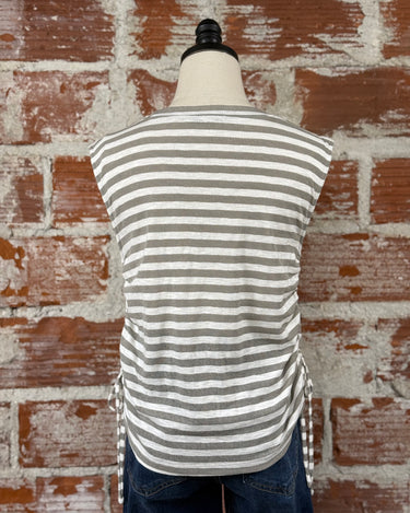 Harper Side Tie Top in Gray and Cream Stripe-122 - Jersey Tops S/S (Dec - May)-Little Bird Boutique
