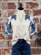 THML Embroidered Puff Sleeve Top in Blue-112 - Woven Top S/S (Dec - May)-Little Bird Boutique