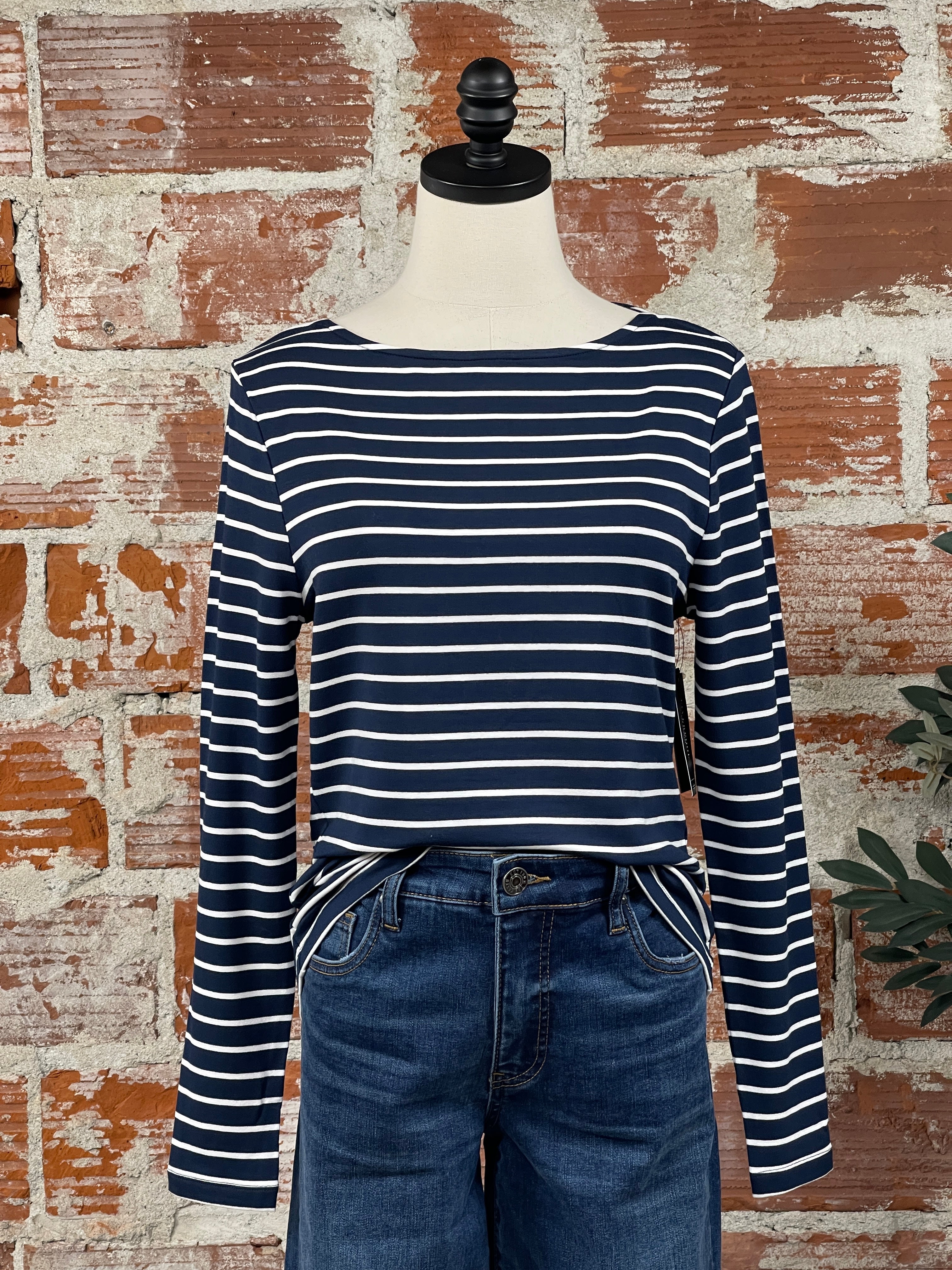 Liverpool Boatneck Top in Dark Navy Stripe-122 - Jersey Tops S/S (Dec - May)-Little Bird Boutique