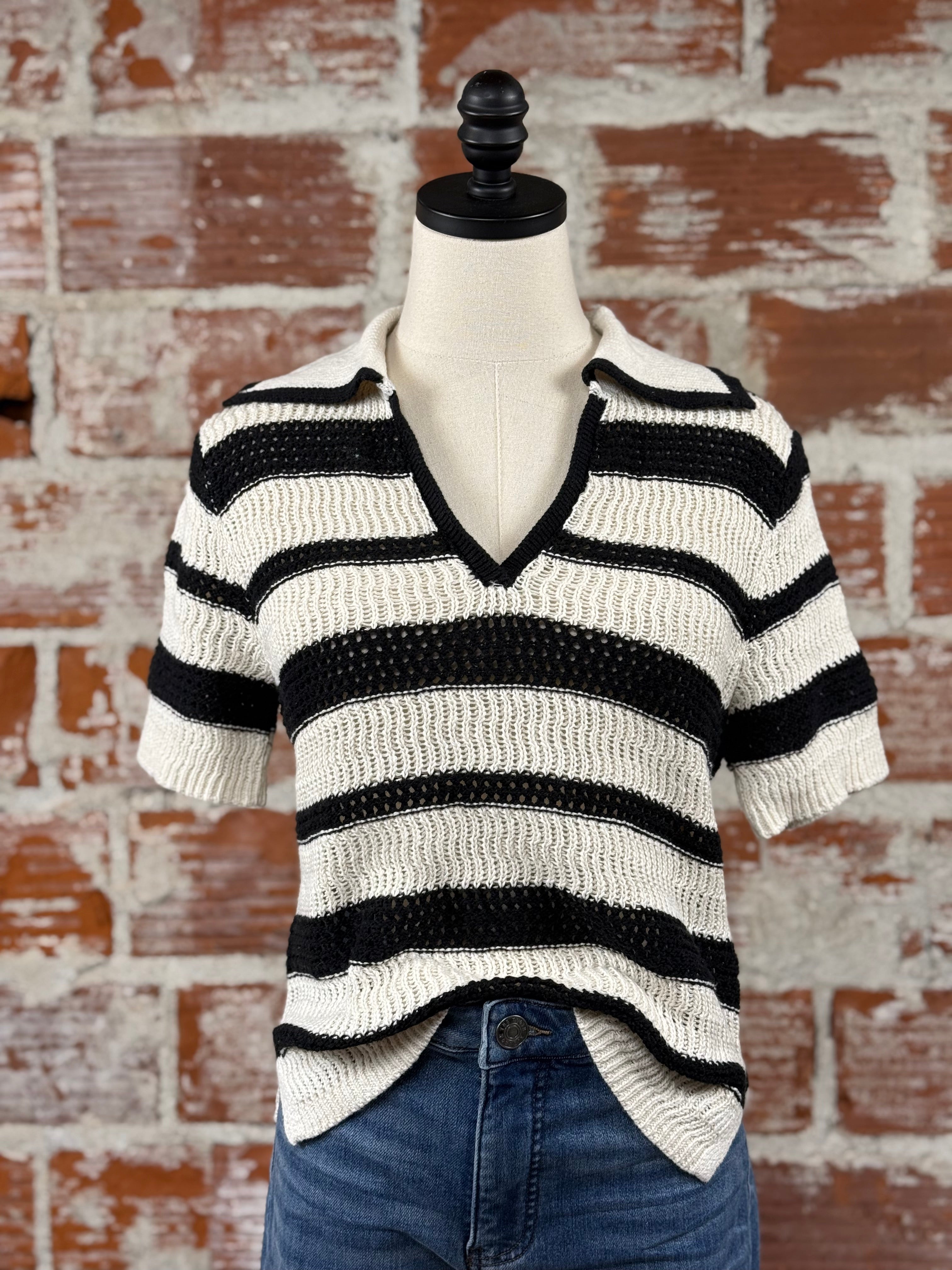 Sanctuary Knitted Collared Top in Black and Chalk Stripe-132 - Sweaters S/S (Dec - May)-Little Bird Boutique