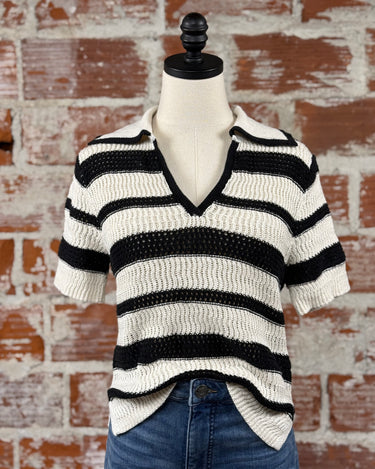Sanctuary Knitted Collared Top in Black and Chalk Stripe-132 - Sweaters S/S (Dec - May)-Little Bird Boutique