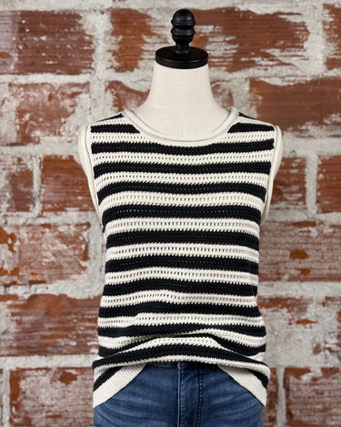 Sanctuary Crochet Shell in Chalk and Black Stripe-132 - Sweaters S/S (Dec - May)-Little Bird Boutique
