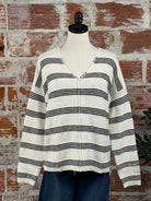 Sanctuary Easy V Neck Sweater in Light Oat and Black Stripe-132 - Sweaters S/S (Dec - May)-Little Bird Boutique