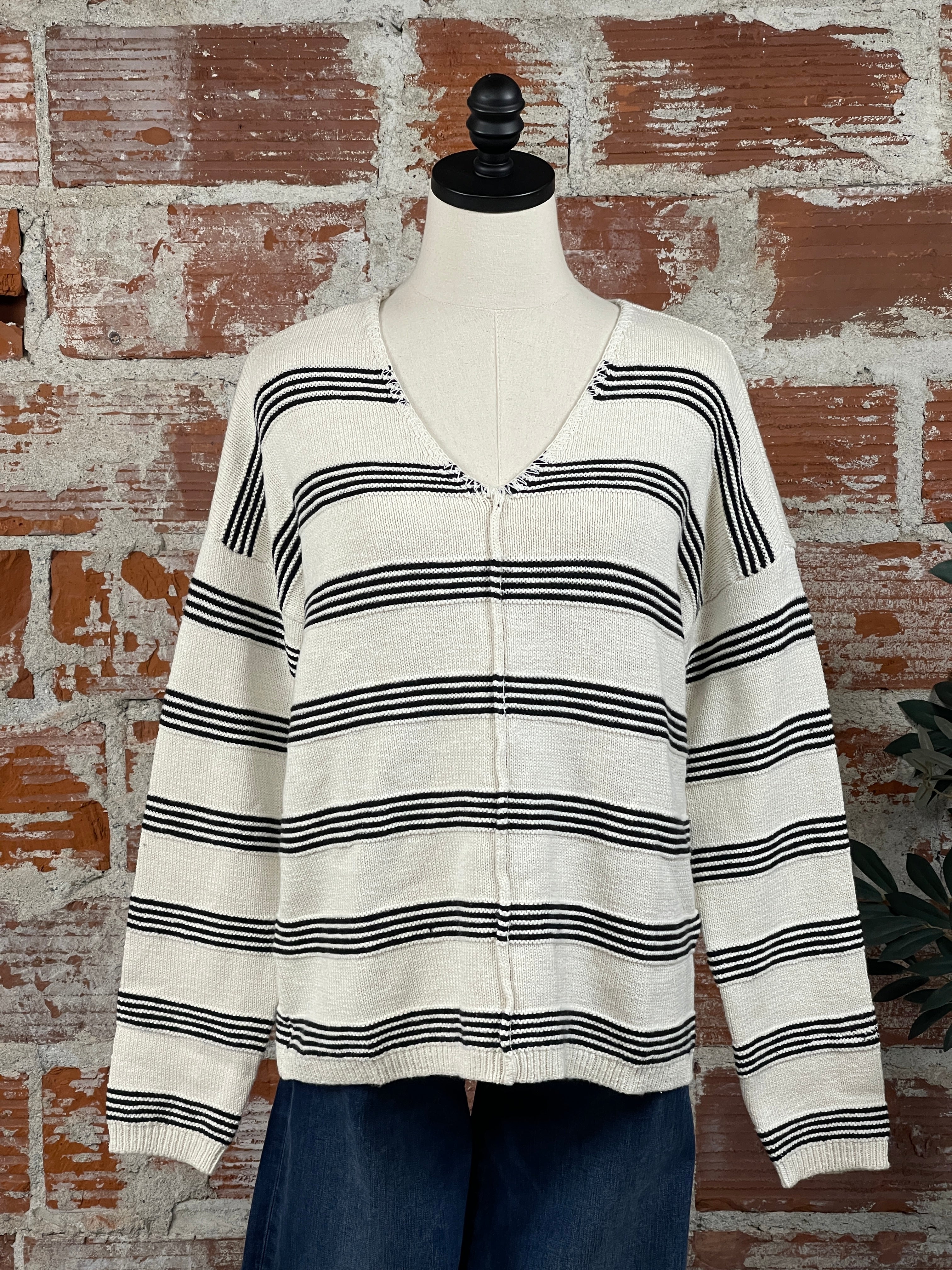 Sanctuary Easy V Neck Sweater in Light Oat and Black Stripe-132 - Sweaters S/S (Dec - May)-Little Bird Boutique