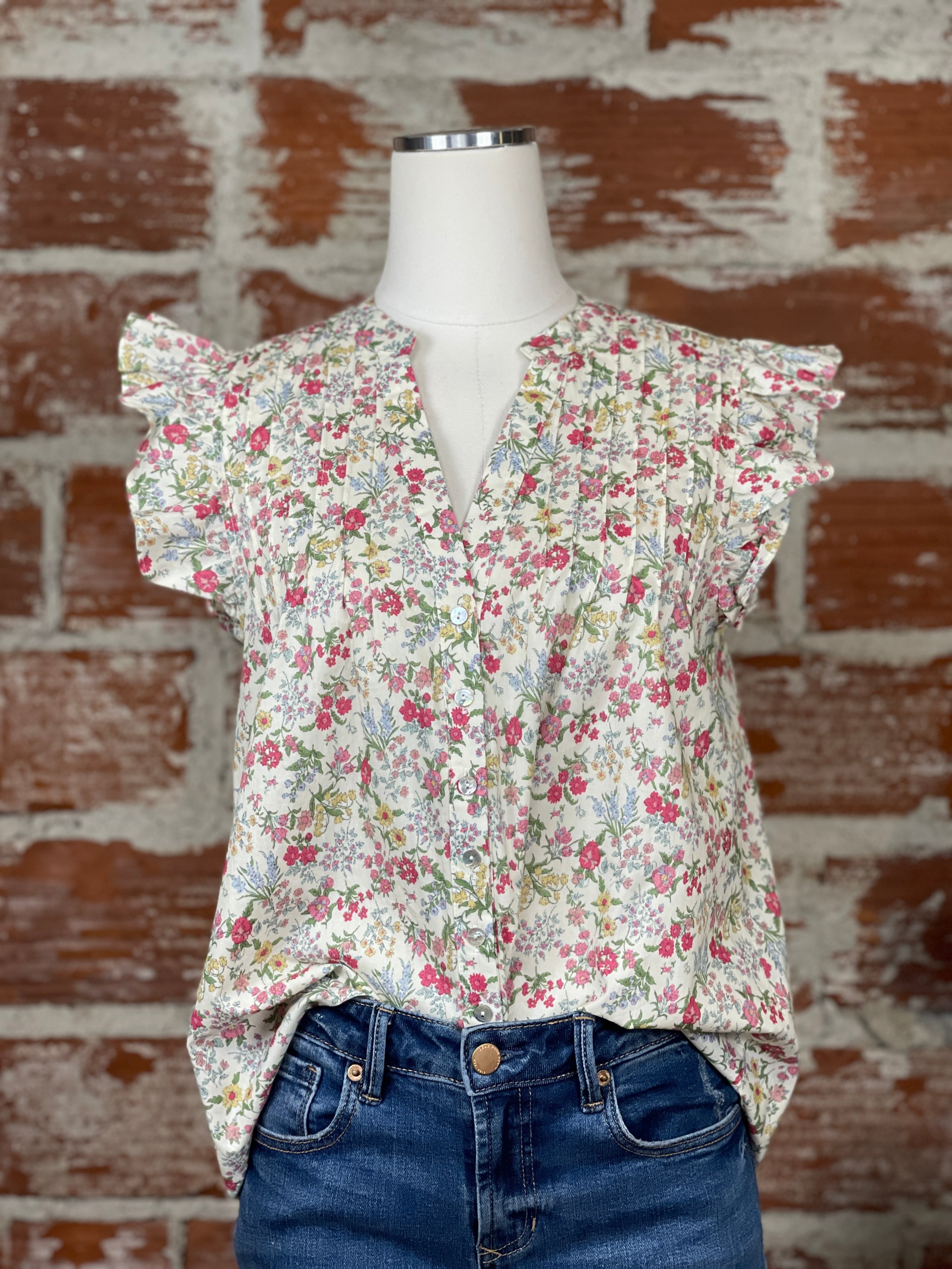 Vintage Button Down Flutter Sleeve Top in Ivory Floral-112 - Woven Top S/S (Jan - June)-Little Bird Boutique