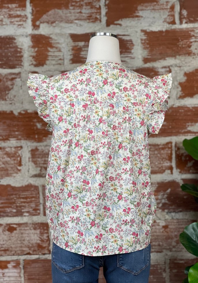 Vintage Button Down Flutter Sleeve Top in Ivory Floral-111 Woven Tops - Short Sleeve-Little Bird Boutique
