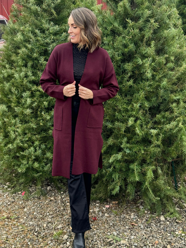Black Tape Long Cardigan in Burgundy Wine