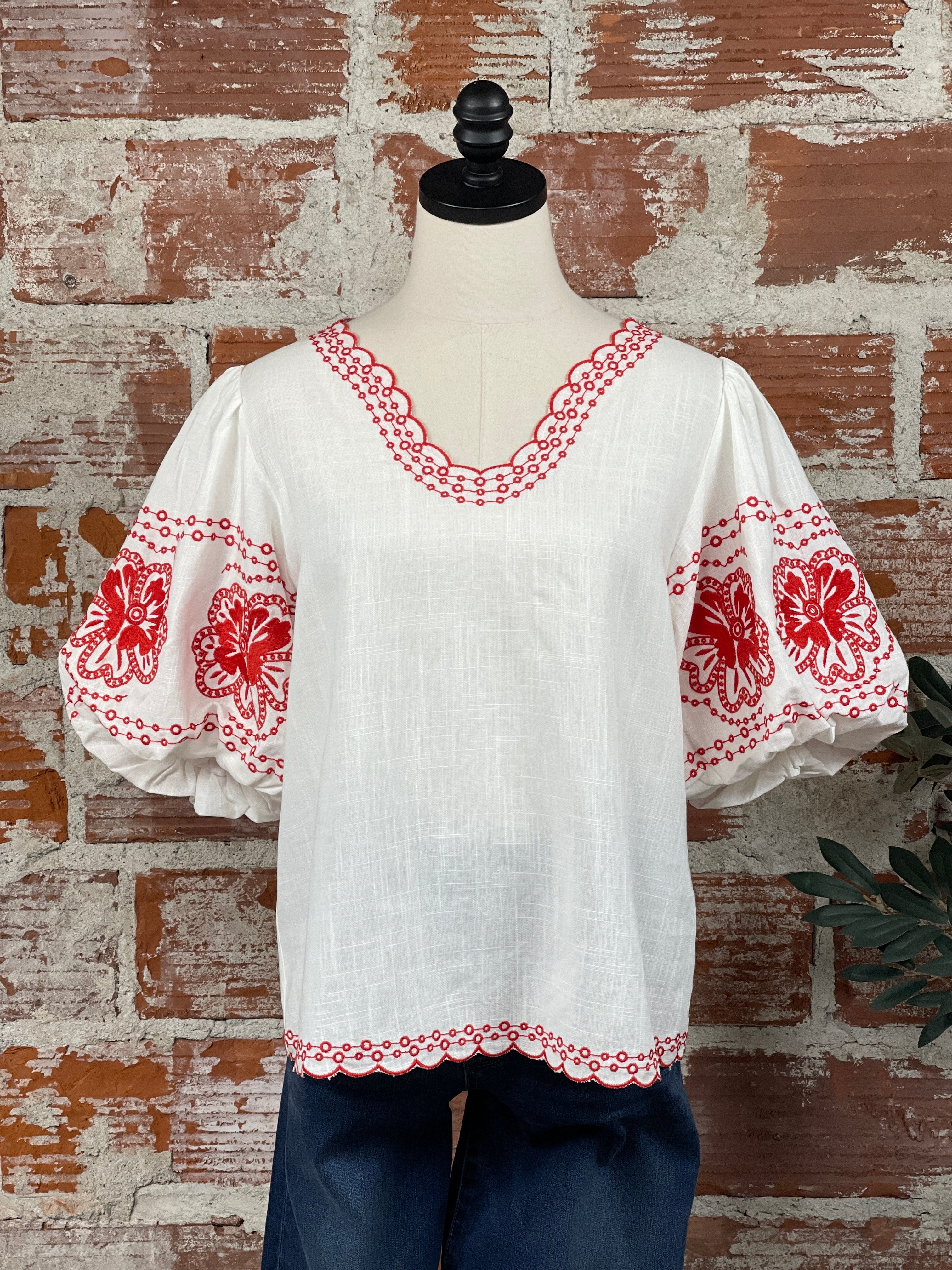 THML Blake Embroidery Top in Red-112 - Woven Top S/S (Dec - May)-Little Bird Boutique