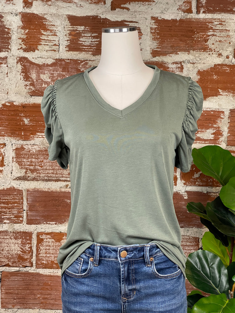 Ruched Sleeve Top in Olive