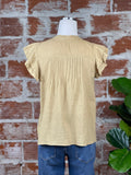 Linen Button V-Neck Top in Dark Tan-111 Woven Tops - Short Sleeve-Little Bird Boutique