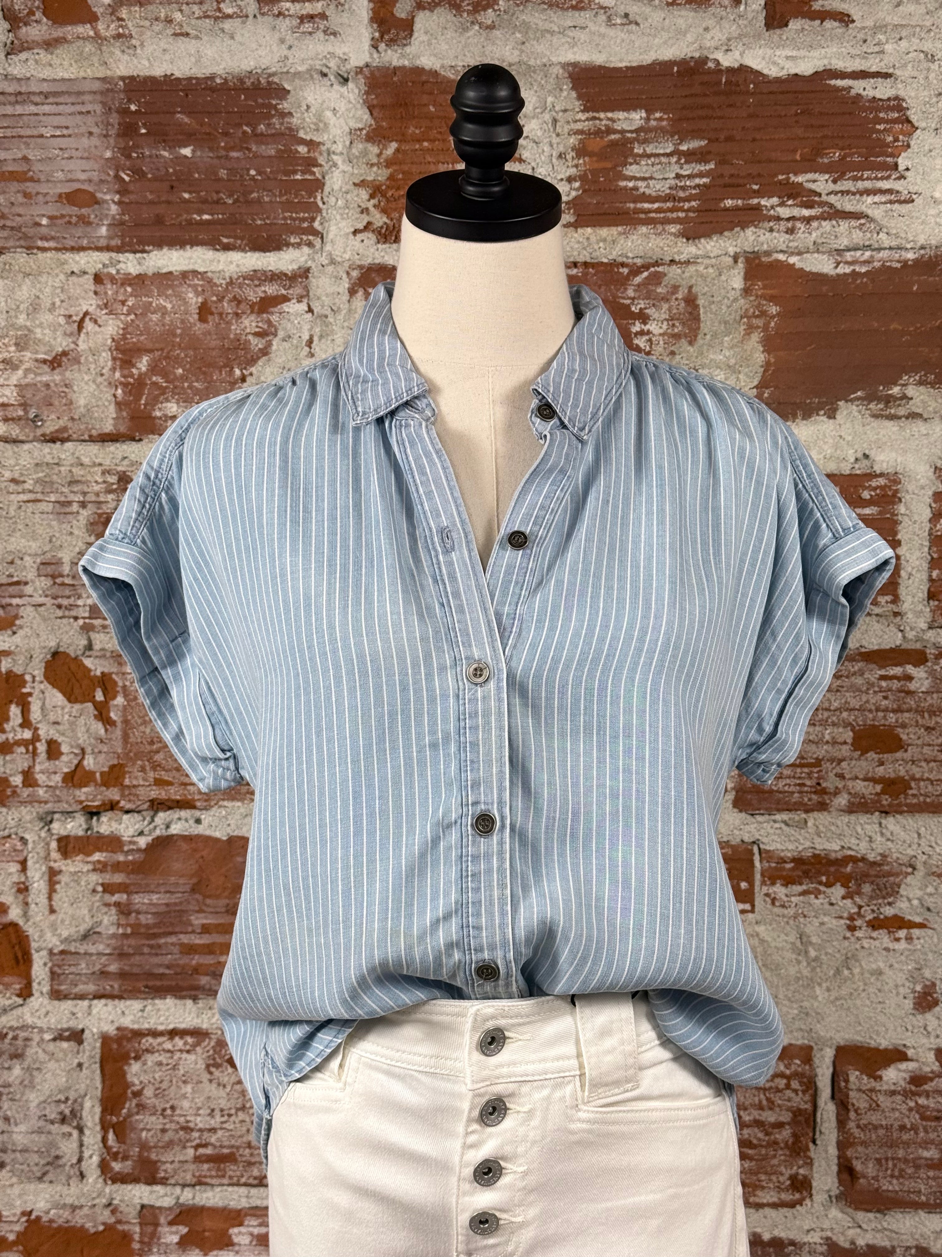 Kendall Top in Cool Blue Stripe-112 - Woven Top S/S (Dec - May)-Little Bird Boutique