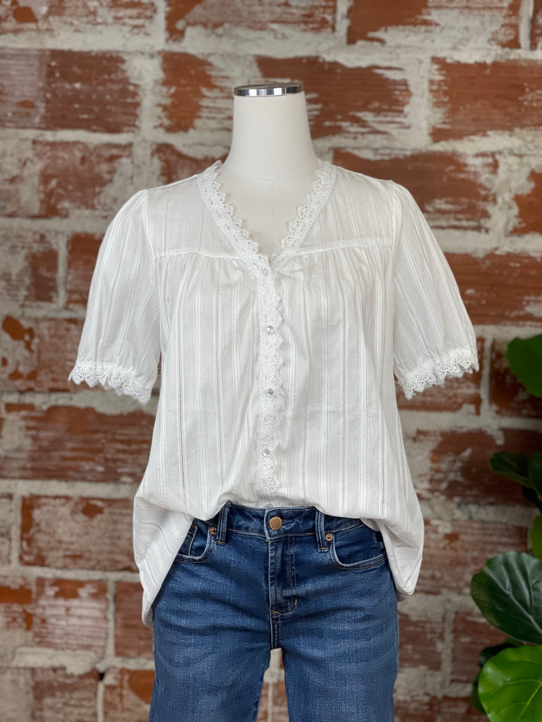 Lace Button Front Top in Off White