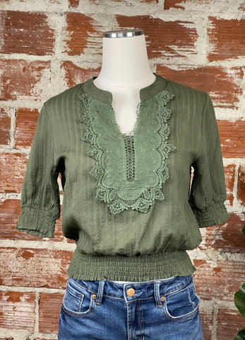 Embroidered Smock Waist Top in Army Green