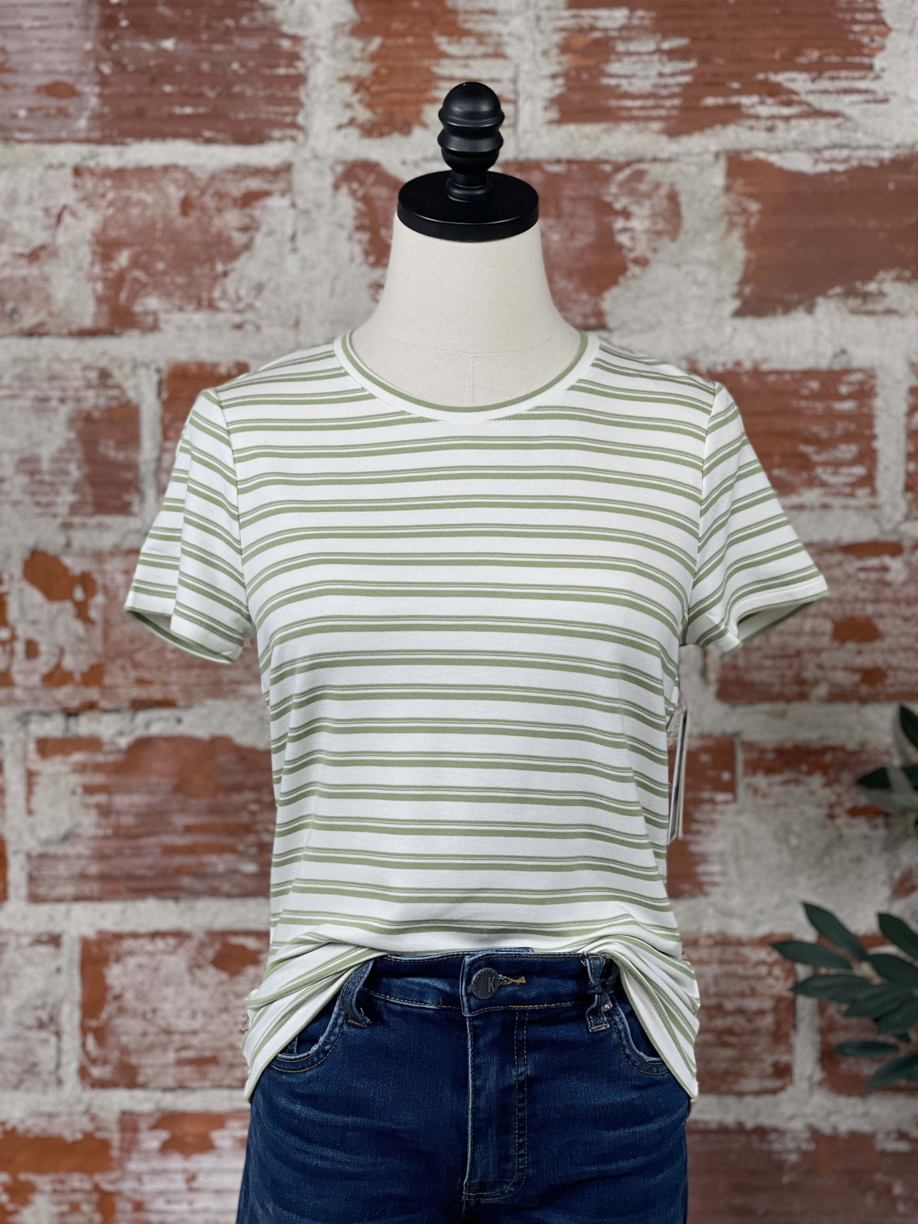 Liverpool Classic Knit Tee in Whipped Cream and Lotus Stripe-122 - Jersey Tops S/S (Dec - May)-Little Bird Boutique