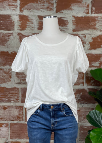 Puff Sleeve Jersey Top in Off White