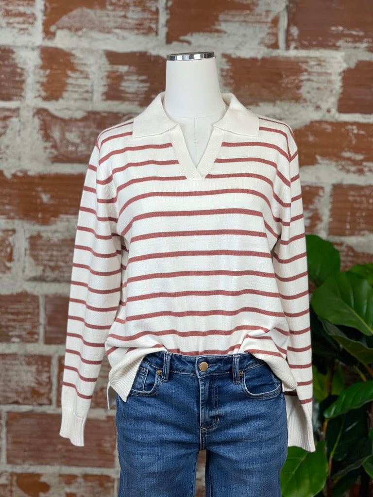 Collared Striped Sweater in Ivory & Clay Stripe