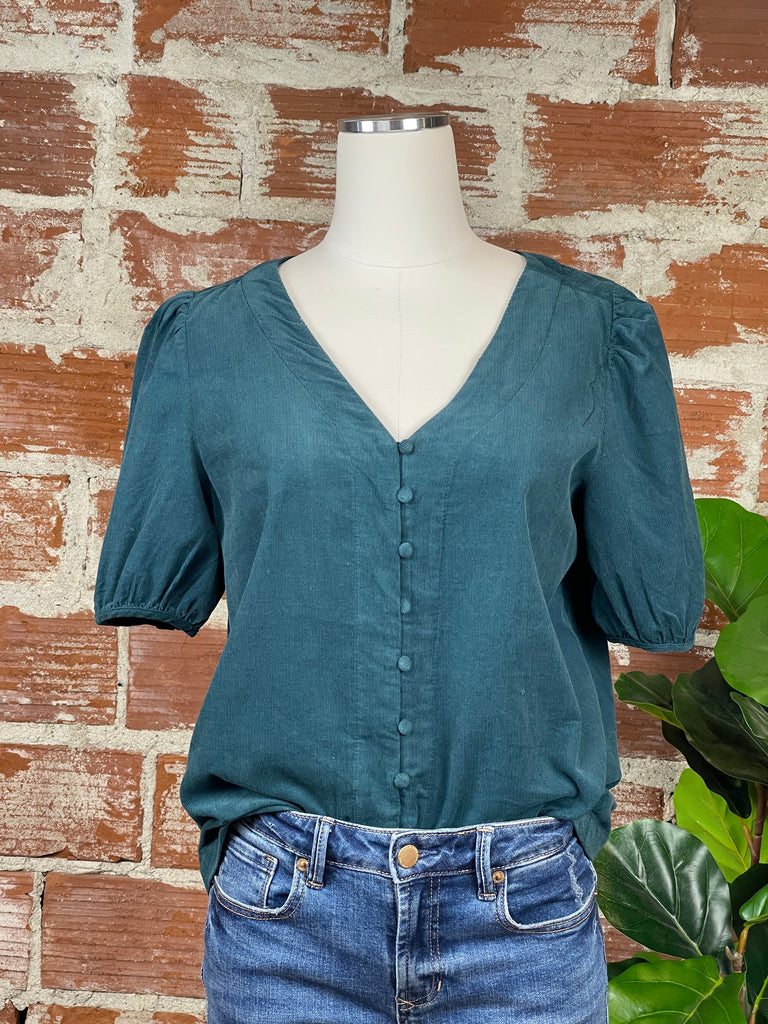 Corduroy Short Sleeve Top in Forest Green