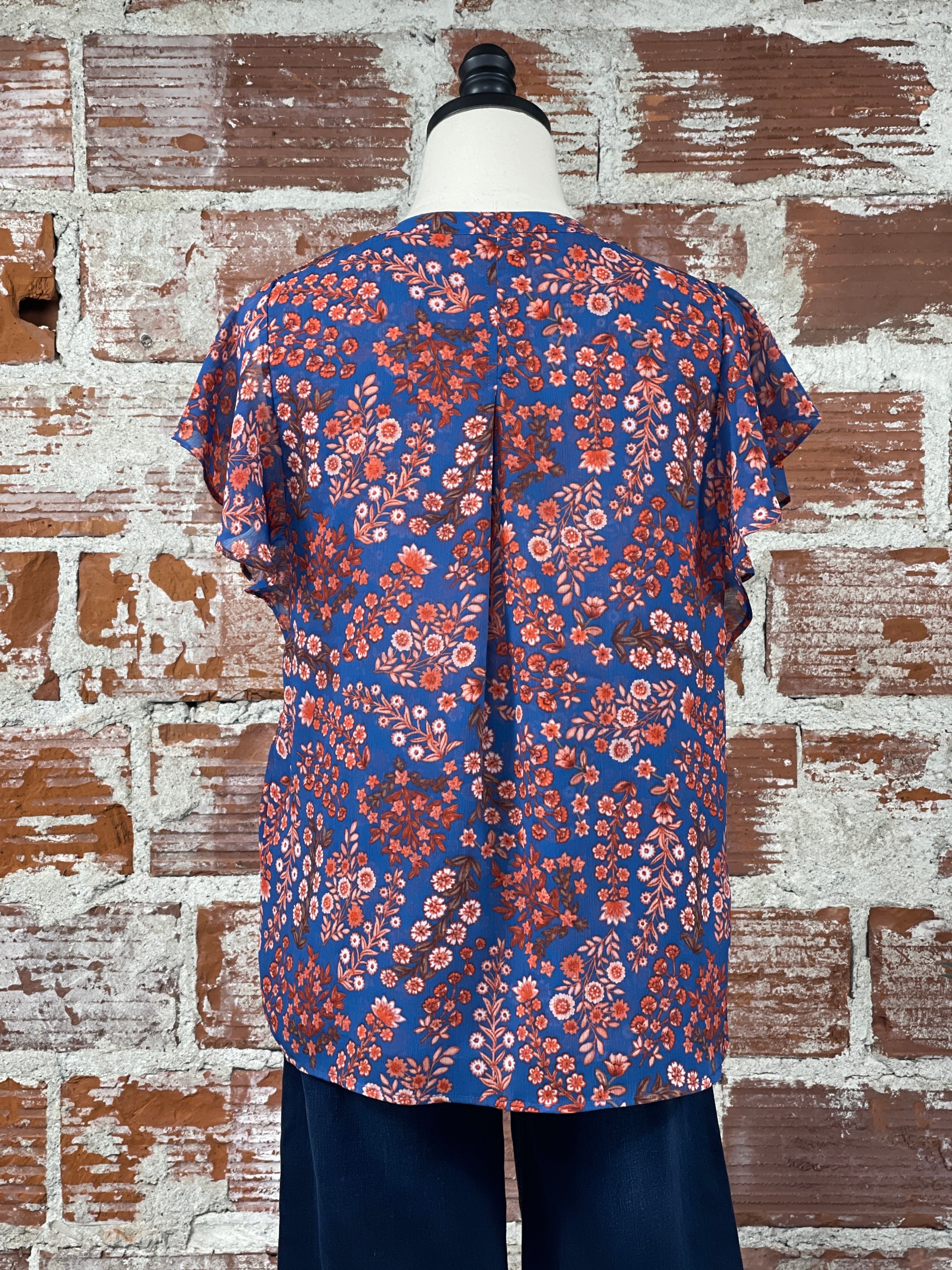 Liverpool Pintuck Flutter Top in Blue and Pink Floral-112 - Woven Top S/S (Dec - May)-Little Bird Boutique