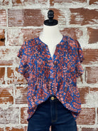 Liverpool Pintuck Flutter Top in Blue and Pink Floral-112 - Woven Top S/S (Dec - May)-Little Bird Boutique