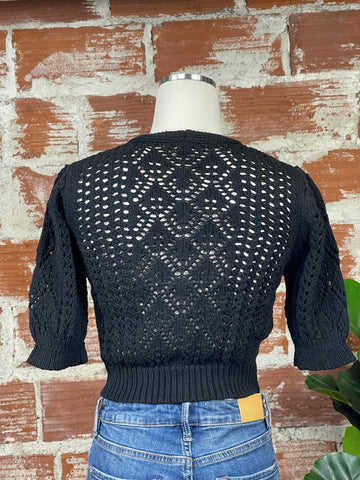 Crochet Bubble Sleeve Cardigan in Black