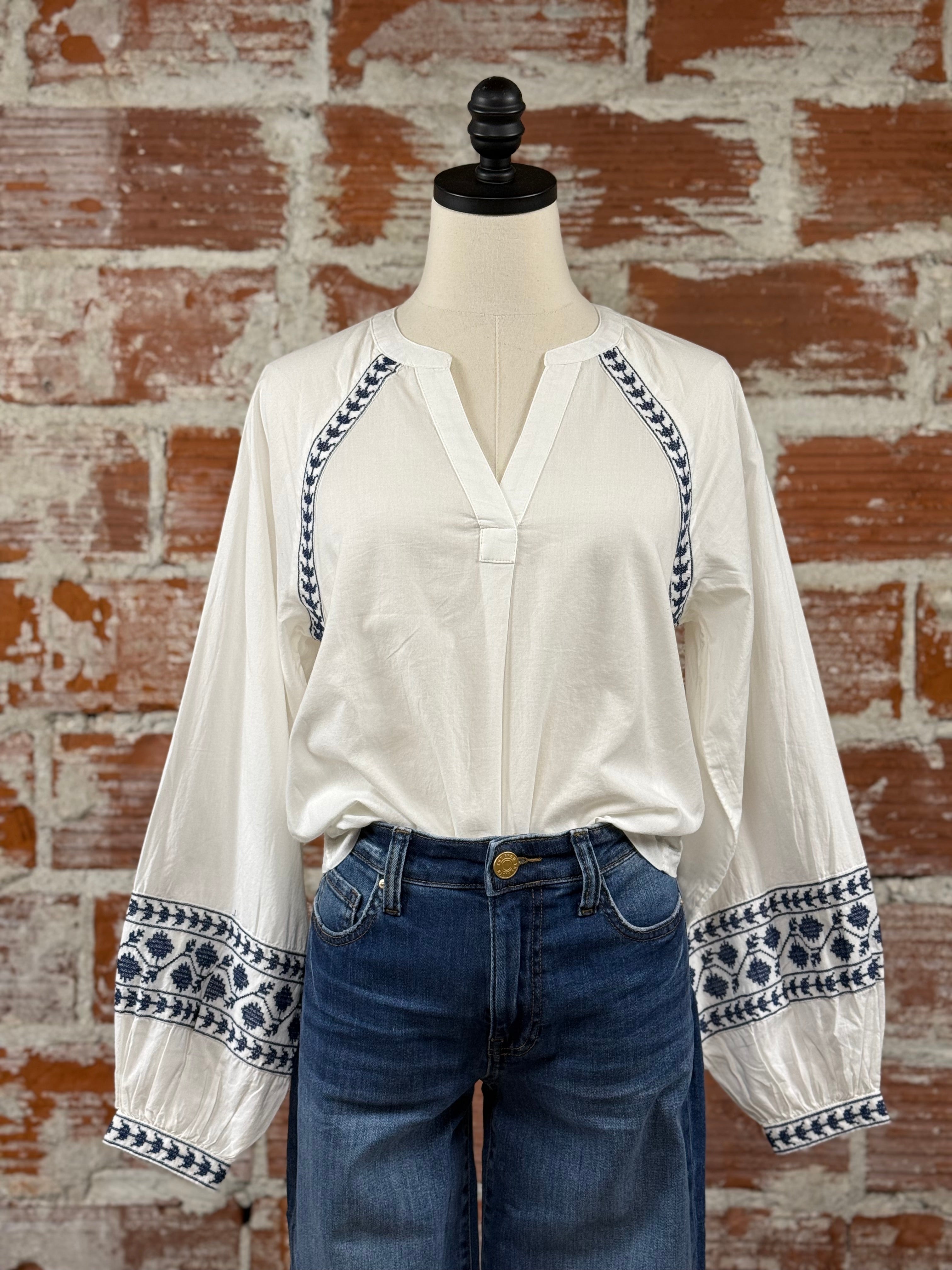 Jiya Embroidered Top in Marshmallow and Navy-112 - Woven Top S/S (Dec - May)-Little Bird Boutique