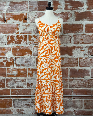 Dex Drawstring Maxi Dress in Orange Palm Leaf-152 Dresses - Long-Little Bird Boutique