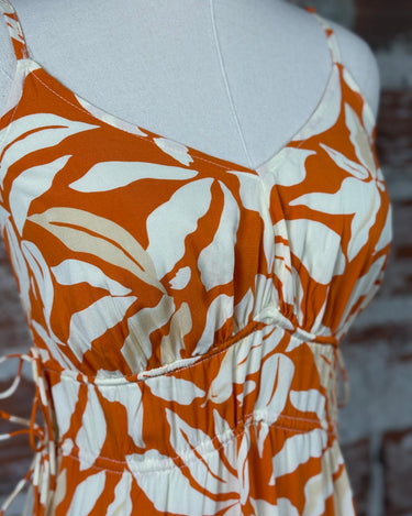 Dex Drawstring Maxi Dress in Orange Palm Leaf-152 Dresses - Long-Little Bird Boutique