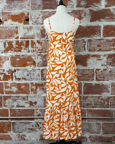 Dex Drawstring Maxi Dress in Orange Palm Leaf-152 Dresses - Long-Little Bird Boutique