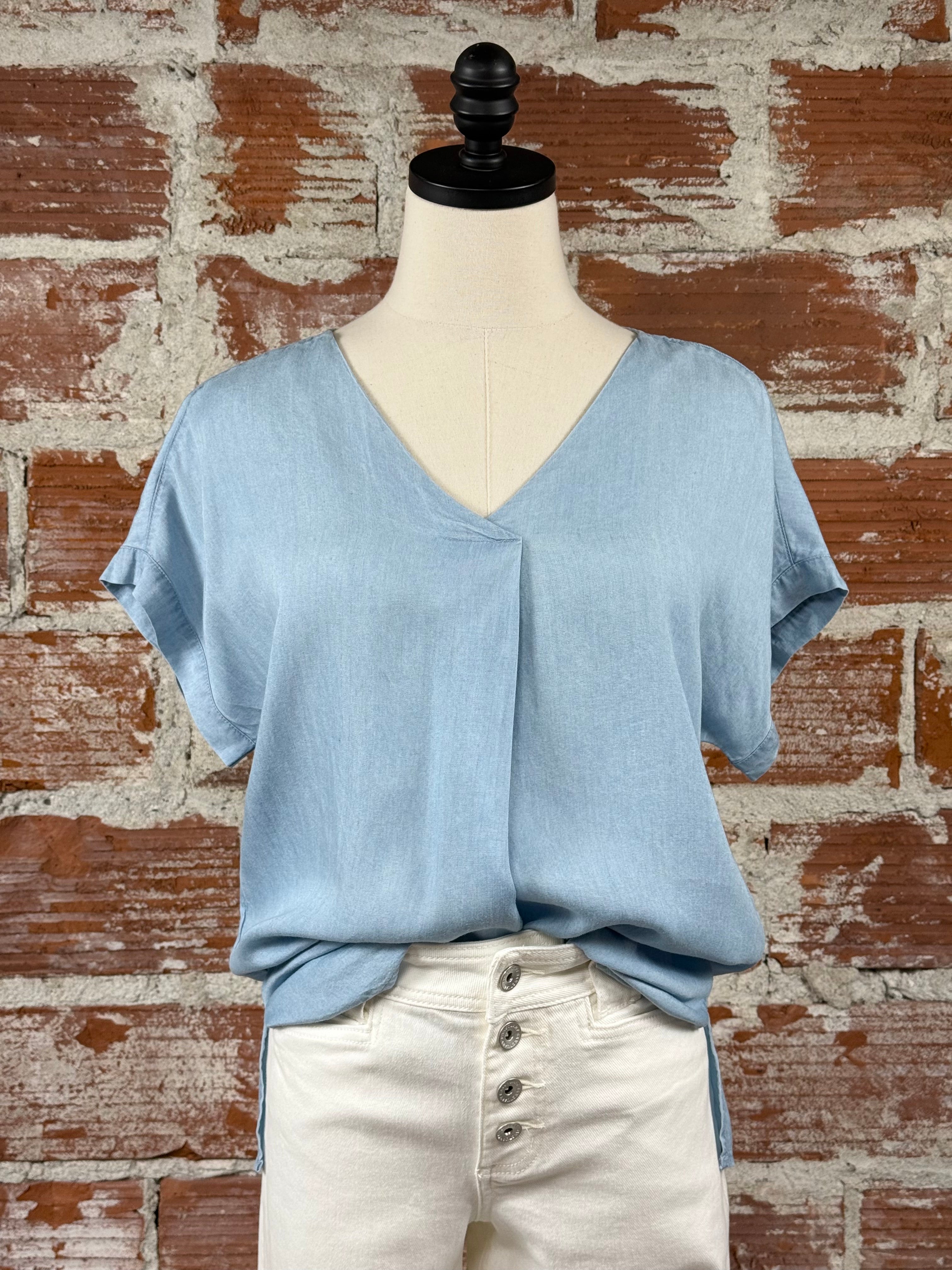 Olivia Denim Top in Light Blue-112 - Woven Top S/S (Dec - May)-Little Bird Boutique