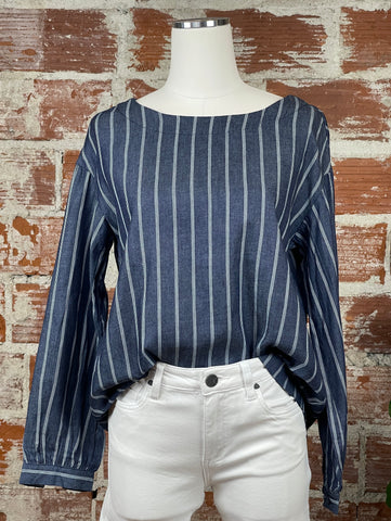 Stripe Chambray Button Back Top in Navy