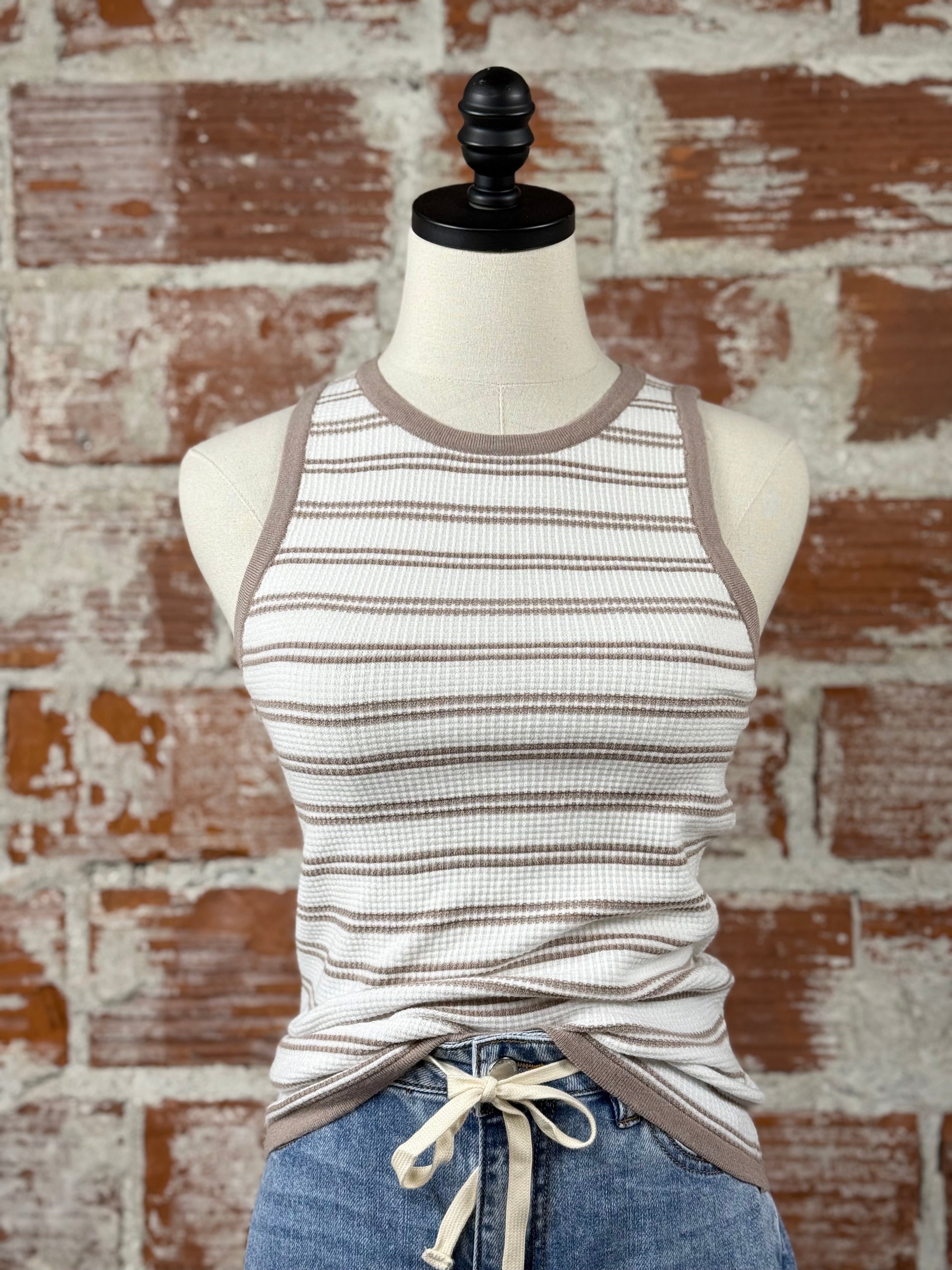 Sierra Tank in Taupe and Ivory Stripe-122 - Jersey Tops S/S (Dec - May)-Little Bird Boutique