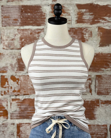 Sierra Tank in Taupe and Ivory Stripe-122 - Jersey Tops S/S (Dec - May)-Little Bird Boutique