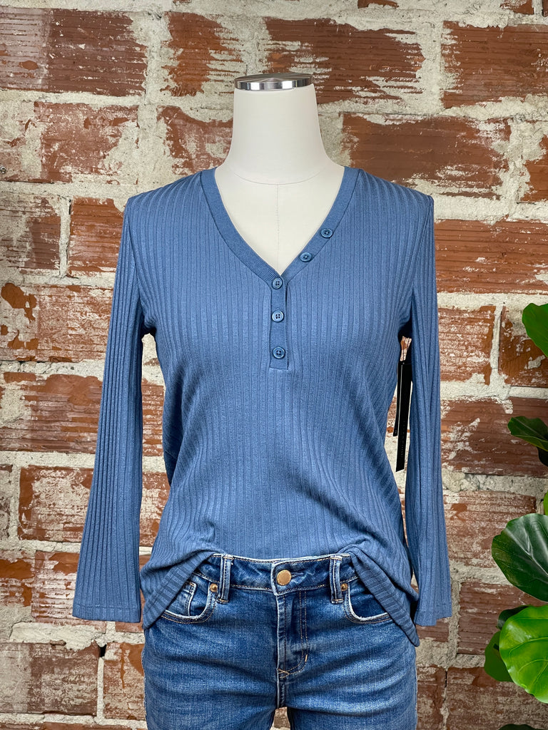Liverpool Henley Rib Knit Top in Chambray Blue