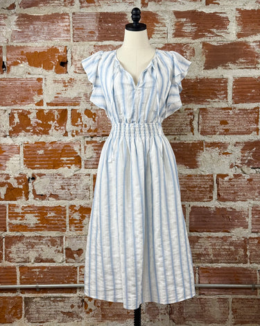 Lovestitch Georgia Midi Dress in White and Dusty Blue Stripe-152 Dresses - Long-Little Bird Boutique